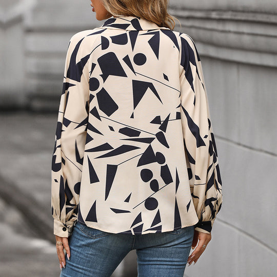 Damen Viskose-Bluse mit abstraktem Grafikprint, V-Ausschnitt & Ballonärmeln Shop Nory