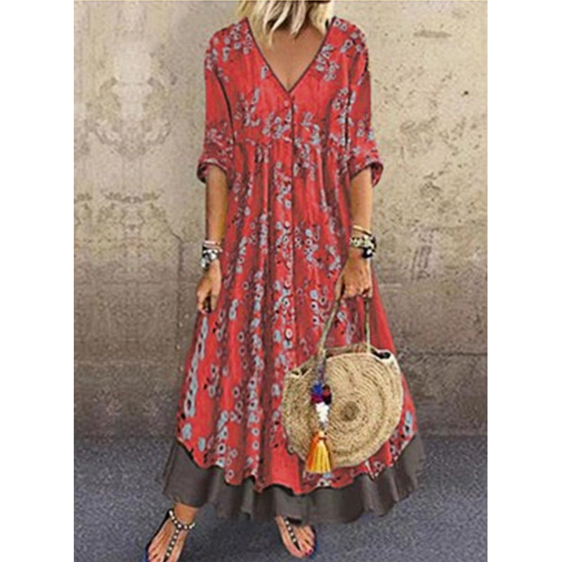 Damen Maxikleid im Boho‑Stil mit V‑Ausschnitt, durchgehender Knopfleiste und Stufenrock Shop Nory