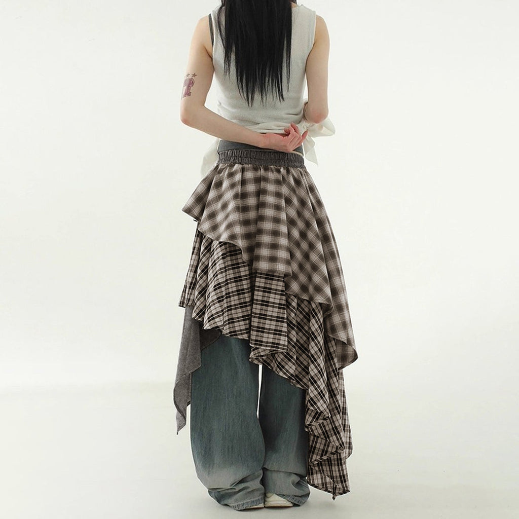 Damen asymmetrischer Wickelrock mit Karomuster und breitem Bindegürtel