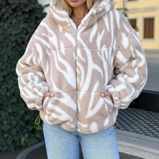Damen Kurz geschnittene Teddy-Fleecejacke mit Kapuze und Zebrastreifen Shop Nory
