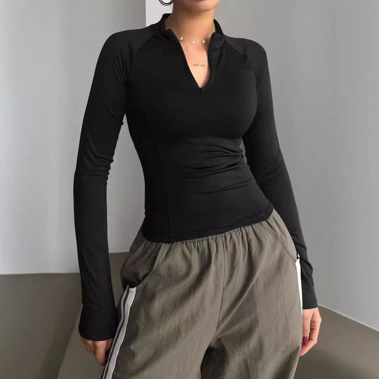 Damen Enganliegendes Sportliches Langarm-Top mit kurzem Stehkragen und V‑Ausschnitt Shop Nory