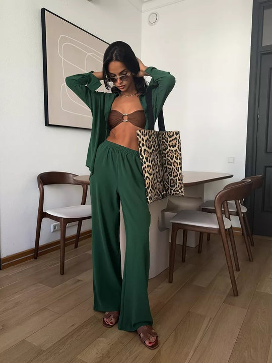 Damen Zweiteiliges Lounge-Set Oversize-Bluse mit Brusttasche und weiter Palazzo-Hose Shop Nory