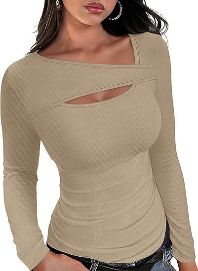 Damen Geripptes Langarmshirt mit asymmetrischem Carmenausschnitt und Brust-Cut-Out Shop Nory