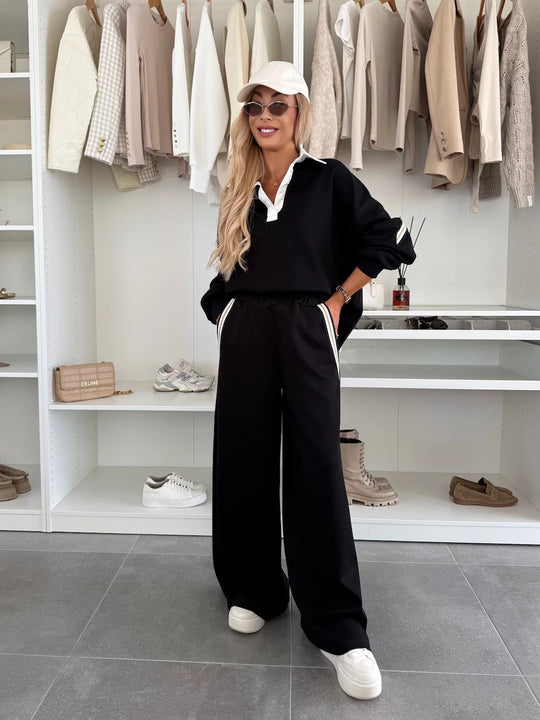Damen modisches Relax-Set mit Polokragen, markanten Paspelstreifen und weitem Palazzo-Jogger Shop Nory
