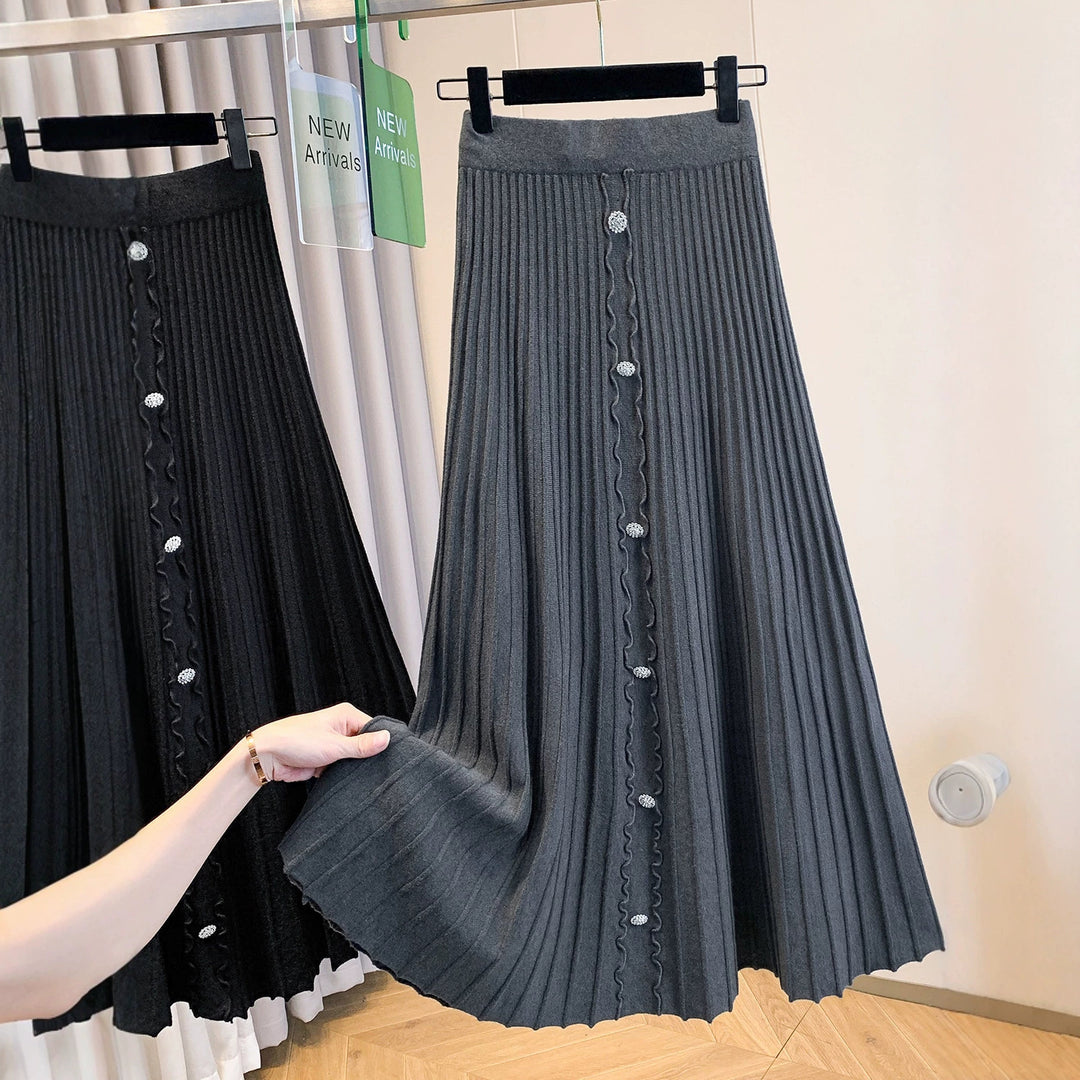 Damen Eleganter plissierter Maxirock mit Knopfdetails Shop Nory