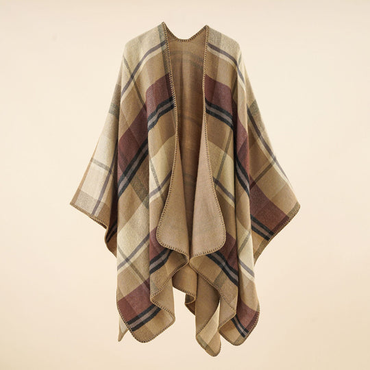 Damen Oversize-Rechteckponcho im Cape-Look mit Kettelsaum und Karomuster Shop Nory