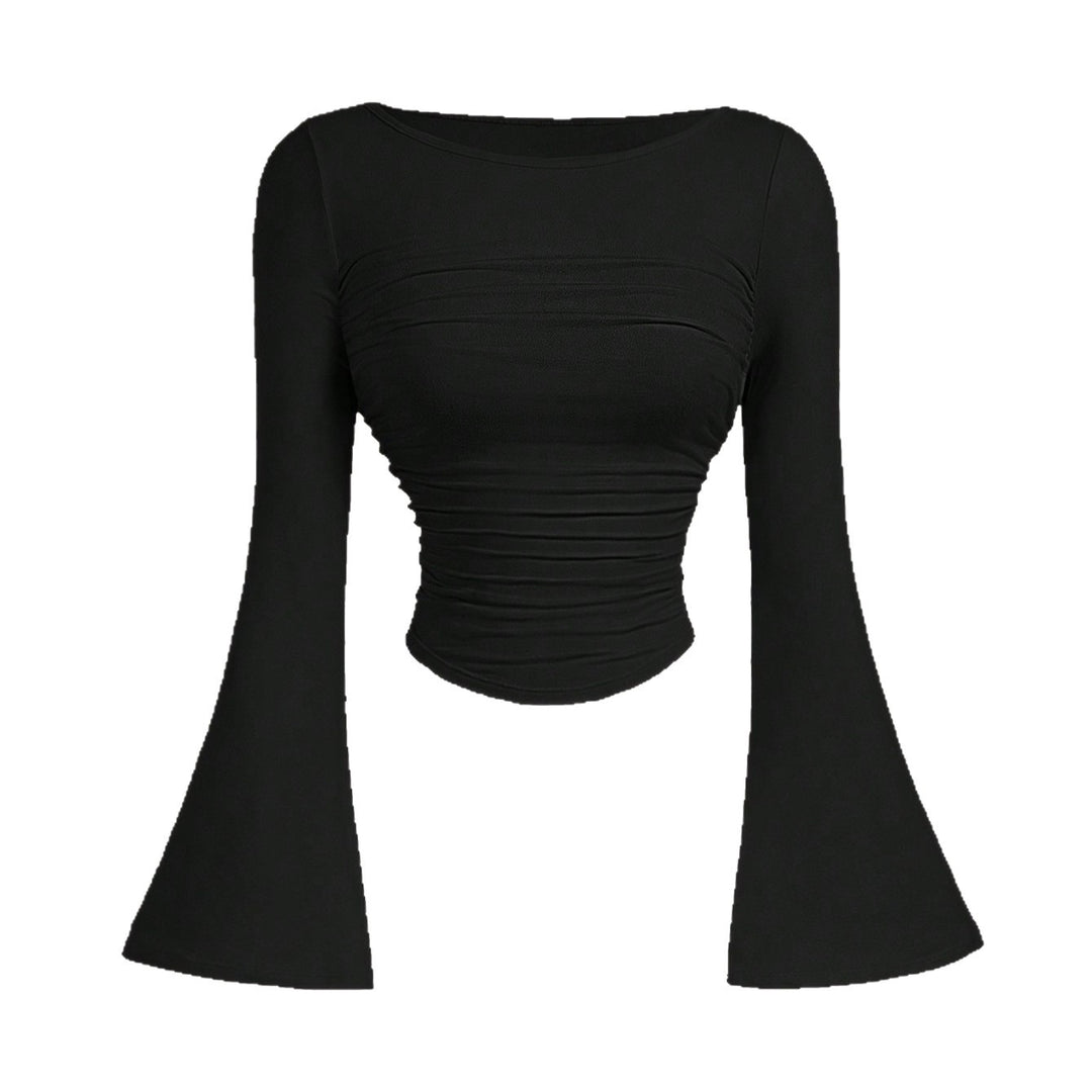 Damen Figurbetontes Langarmshirt mit Carmenausschnitt, gerafftem Rumpf und Trompetenärmeln Shop Nory