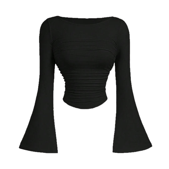Damen Figurbetontes Langarmshirt mit Carmenausschnitt, gerafftem Rumpf und Trompetenärmeln Shop Nory