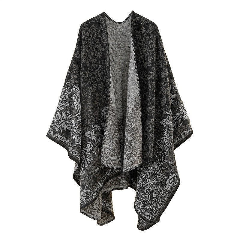 Damen Jacquard‑Ruana mit floraler Bordüre und offenem Oversize‑Schnitt Shop Nory