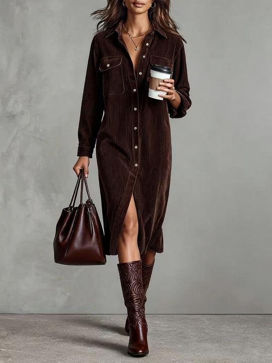Damen Hemdblusenkleid aus Cord mit Brusttaschen, Knopfleiste und Schlitze Shop Nory