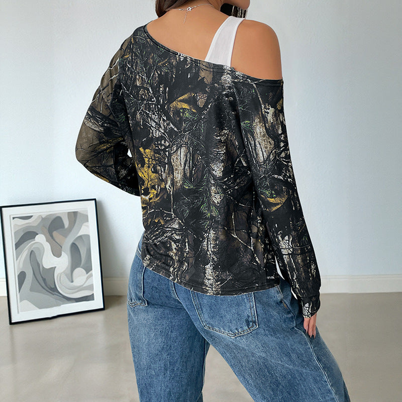 Damen Schulterfreies Langarmshirt mit Camouflage-Waldprint Shop Nory