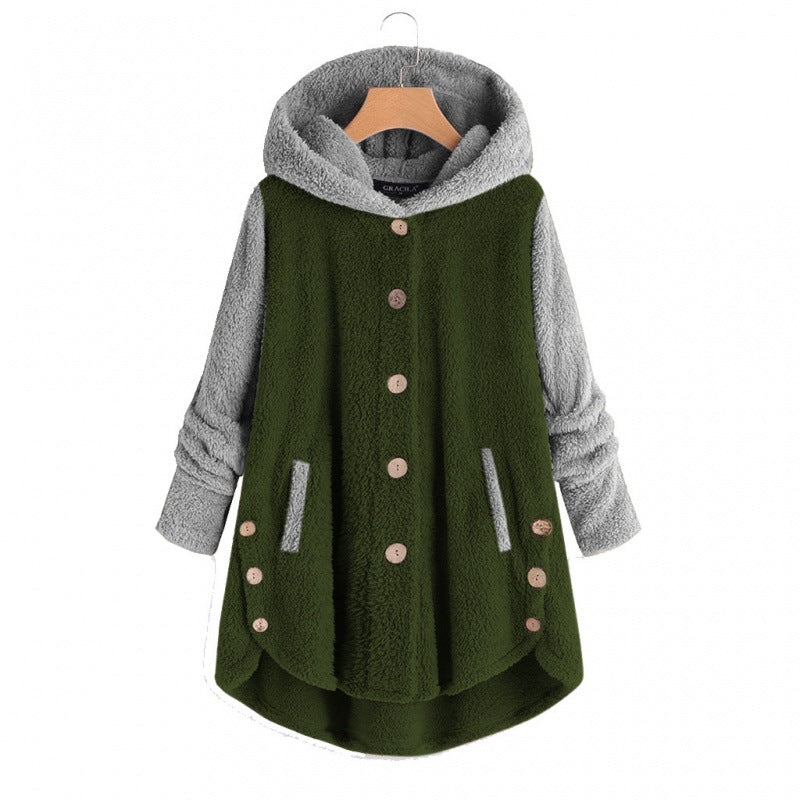 Damen Oversized Teddy-Mantel mit Kapuze, asymmetrischem Zipfelsaum und Holzknopf-Leiste Shop Nory