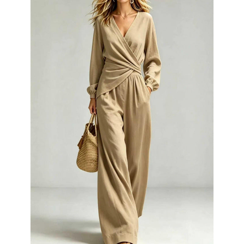 Damen Wickel-Jumpsuit mit weitem Bein und V-Ausschnitt Shop Nory