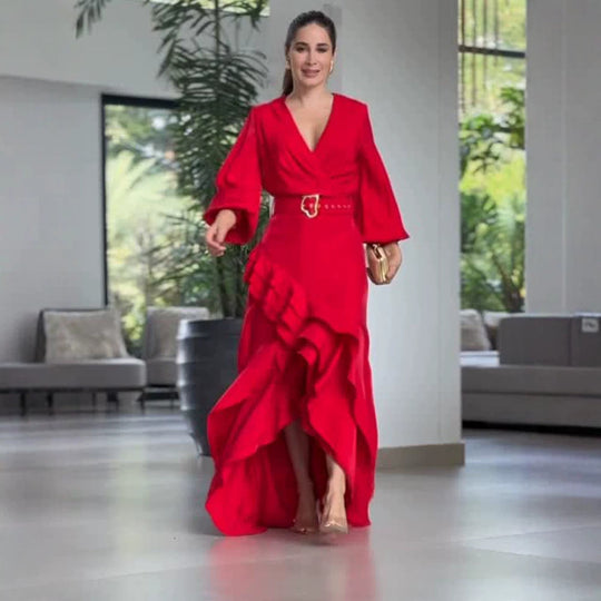 Damen Elegantes Wickel-Maxikleid mit Volants, tailliertem Gürtel & weitem Glockenärmel Shop Nory