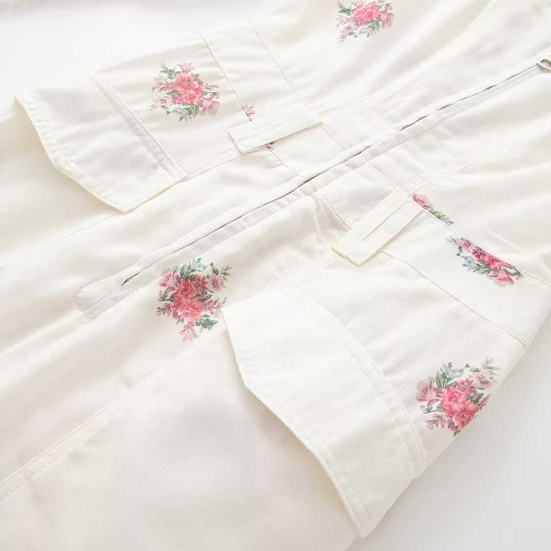 Damen Langer Jumpsuit mit Blumenprint, V-Ausschnitt, Reißverschluss und Tunnelzug Shop Nory