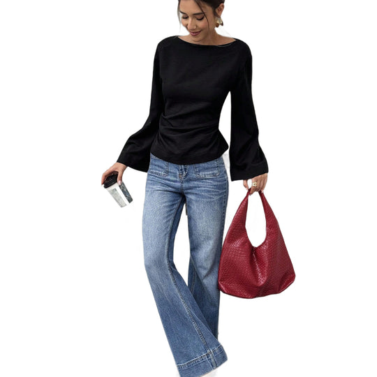 Damen Bootneck-Langarmshirt mit weitem Manschettenärmel und figurbetonter Seitennaht Shop Nory