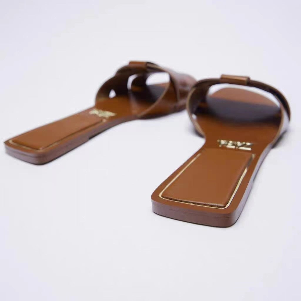 Damen Jeans-Optik Slide-Sandalen mit gekreuzten Stoffriemen und flacher Komfortsohle Shop Nory