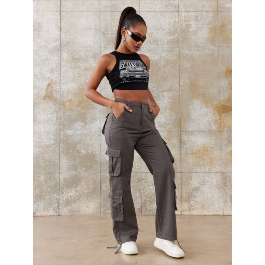 Damen Hochtaillierte Utility-Cargo-Hose mit geradem Bein, Mehrfach-Pattentaschen & verstellbarem Saum Shop Nory