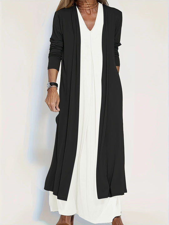 Damen Langer Offener Jersey-Cardigan mit Eingrifftaschen und fließender Drapierung Shop Nory