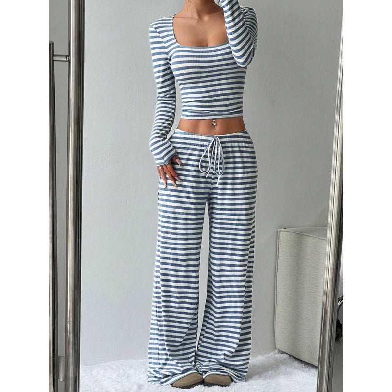 Damen Gestreifter Lounge-Zweiteiler mit weitem Bein und Cropped Langarmtop Shop Nory