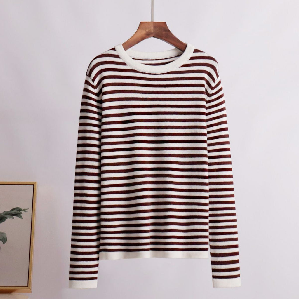 Damen gestreifter, lässiger Pullover aus hochwertigem Baumwollmix Shopnory