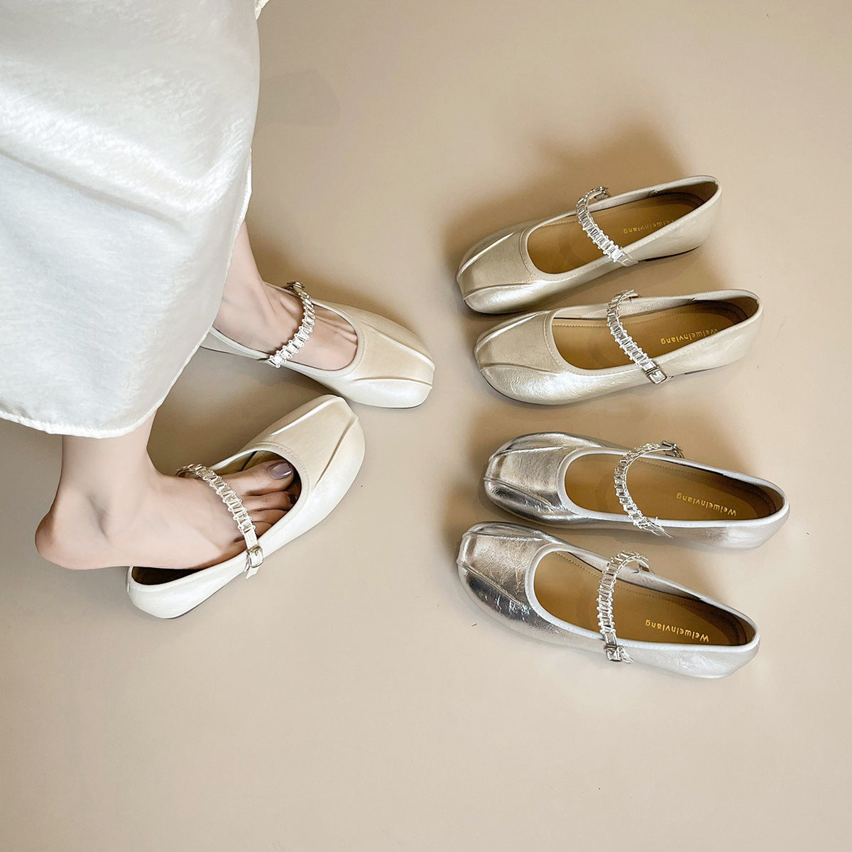 Damen Ballerinas mit elegantem Riemen und schimmerndem Obermaterial