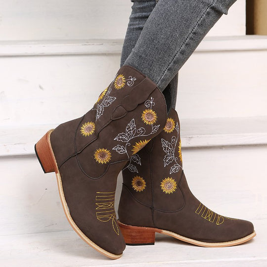 Damen Western-Stiefel mit bestickten Sonnenblumen und komfortablem Blockabsatz Shop Nory