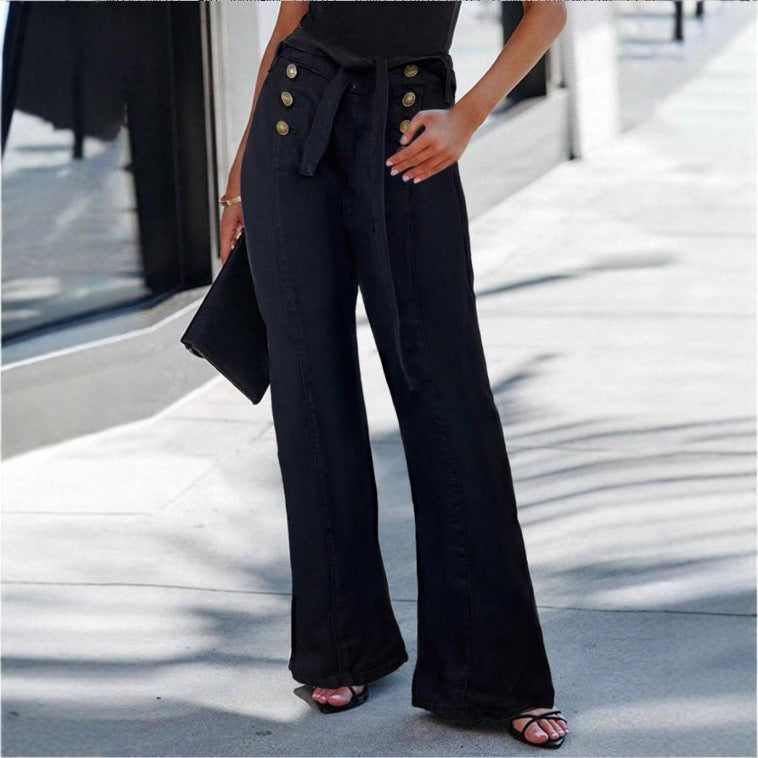 Damen Hochtaillierte, maritim inspirierte weite Jeanshose mit Zierknopfleiste und Bindegürtel Shop Nory
