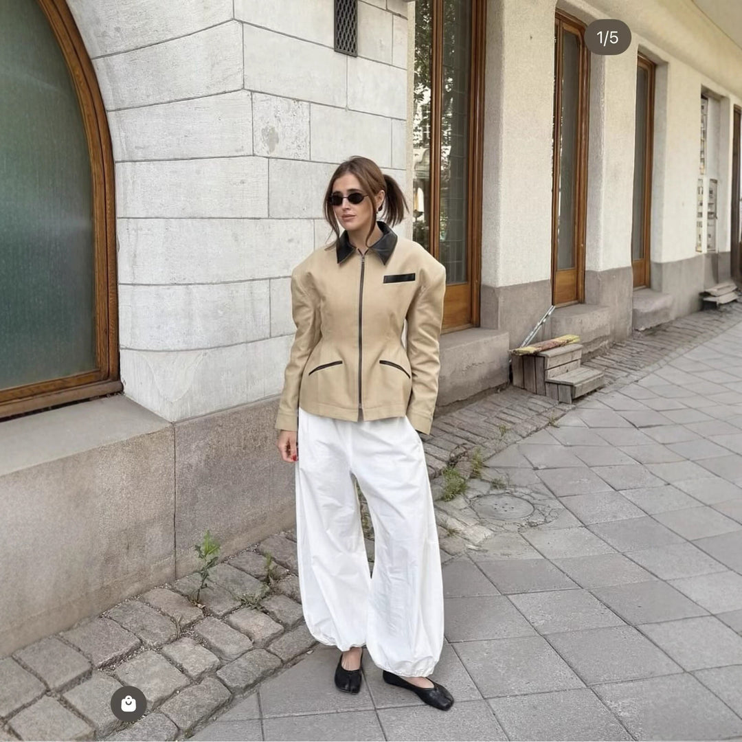 Damen Taillierte Kurzjacke mit Reißverschluss und Kunstlederbesatz Shop Nory