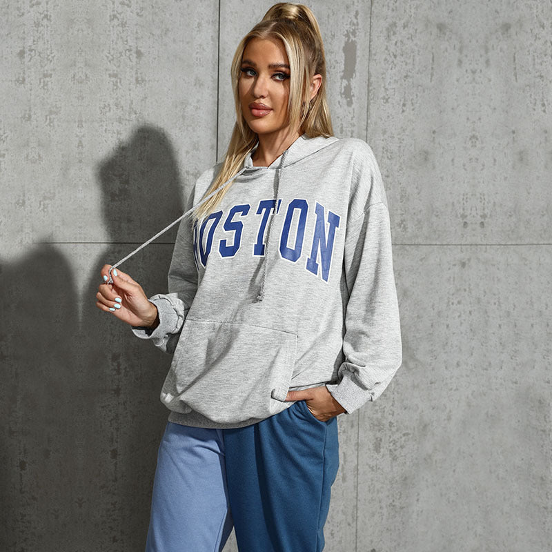 Damen Kapuzenpullover mit Collegestyle-Print, Kängurutasche und lässiger Oversize-Passform Shop Nory