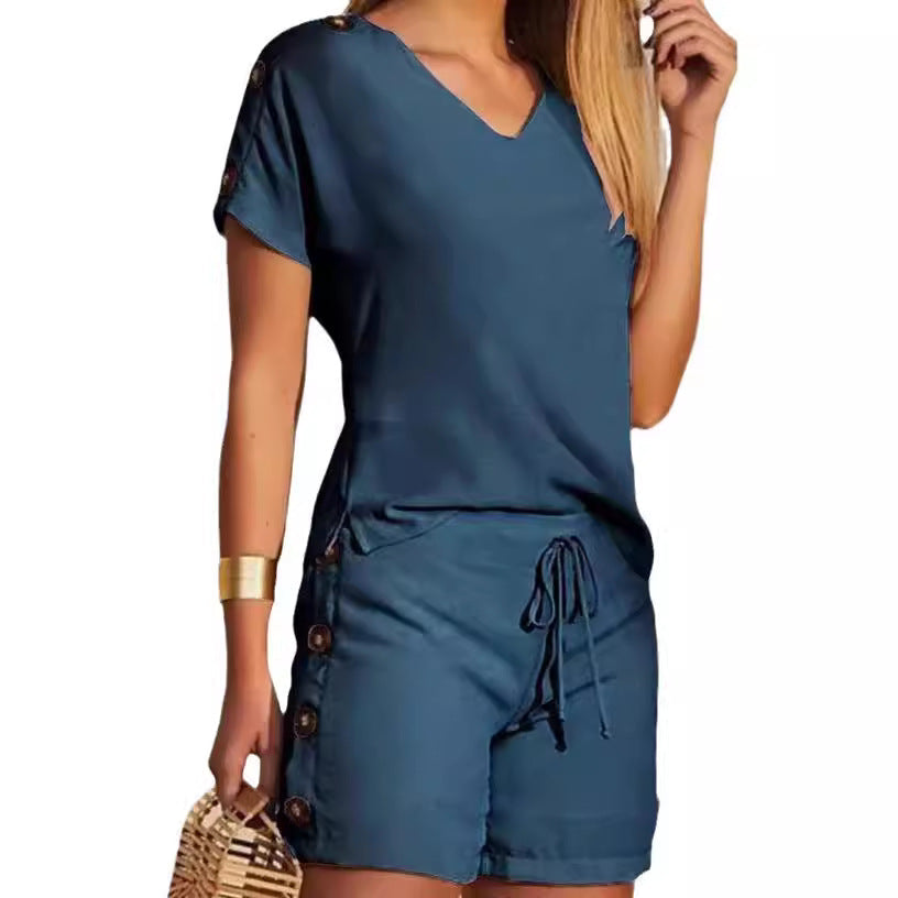 Damen lässiger Shorts-Set mit Knopfdetail und V-Ausschnitt