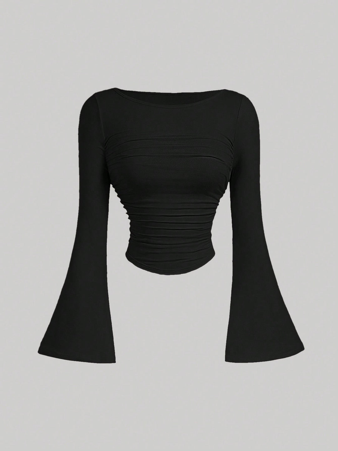 Damen Figurbetontes Langarmshirt mit Carmenausschnitt, gerafftem Rumpf und Trompetenärmeln Shop Nory