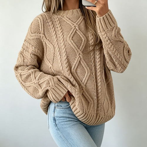Damen Oversize Flechtstrick-Pullover mit Zopfmuster und Rundhals Shop Nory