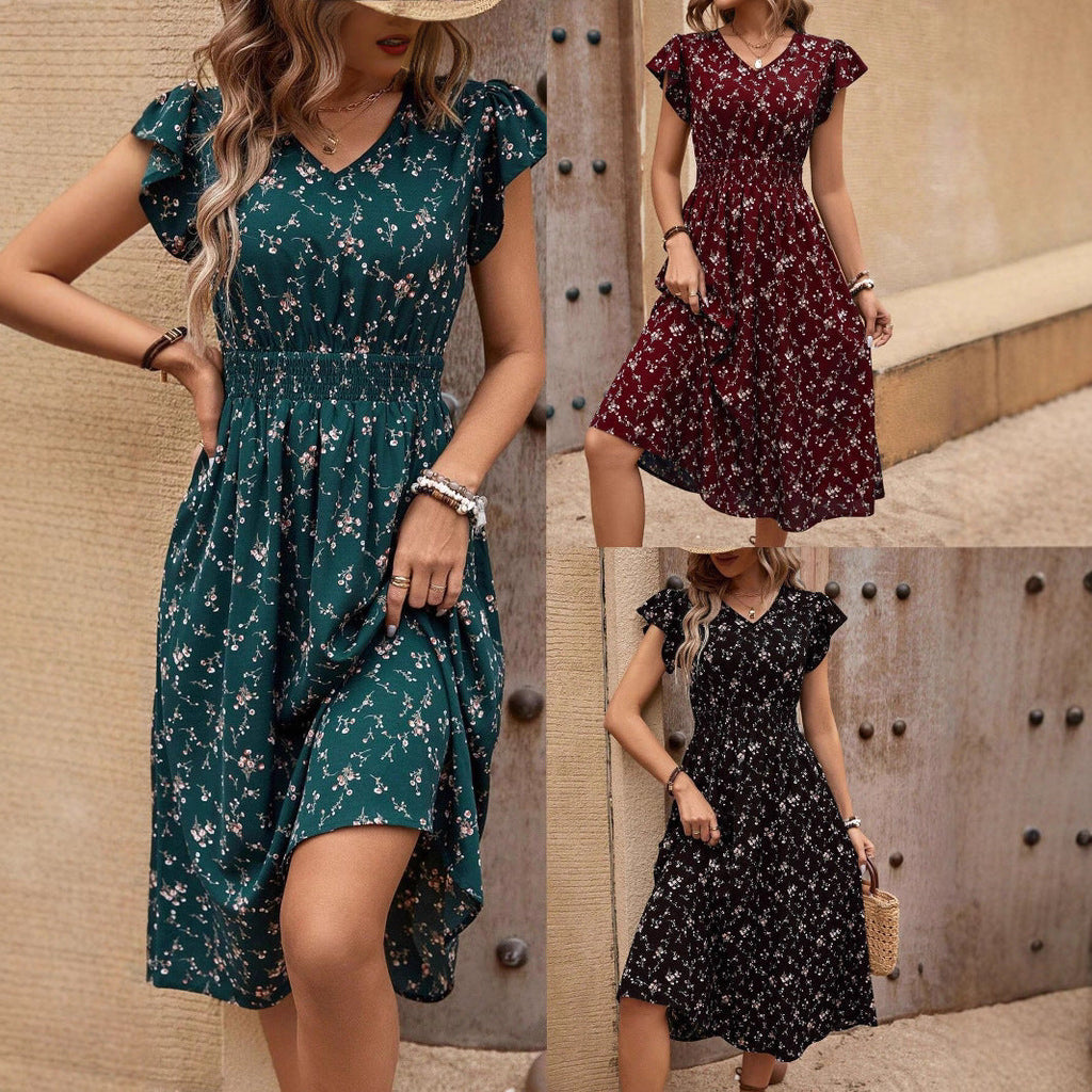 Damen Midikleid mit floralem Muster und Raffungen
