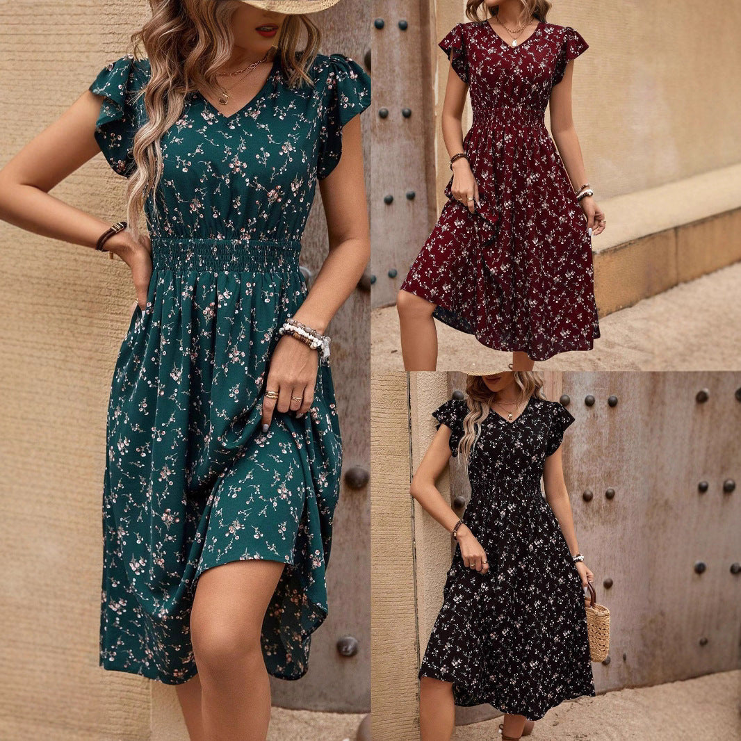 Damen Midikleid mit floralem Muster und Raffungen