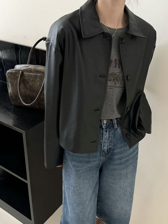 Damen Kurze Boxy-Lederjacke mit Hemdkragen Shop Nory