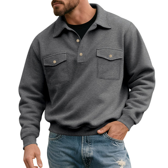Herren nan legerer Button-Polo-Sweatshirt mit aufgesetzten Brustklappen und gerippten Bündchen Shop Nory