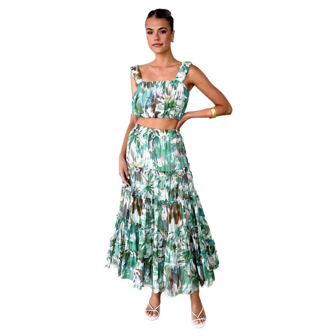 Damen Zweiteiliges Set mit floralem Rüschendesign und elastischem Bund