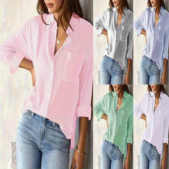 Damen Leichte Oversize-Hemdbluse mit vertikalen Streifen, Kentkragen und dreiviertelärmeln Shop Nory