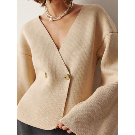 Damen Strickjacke Wickeloptik mit tiefem V-Ausschnitt und Glockenärmeln Shop Nory