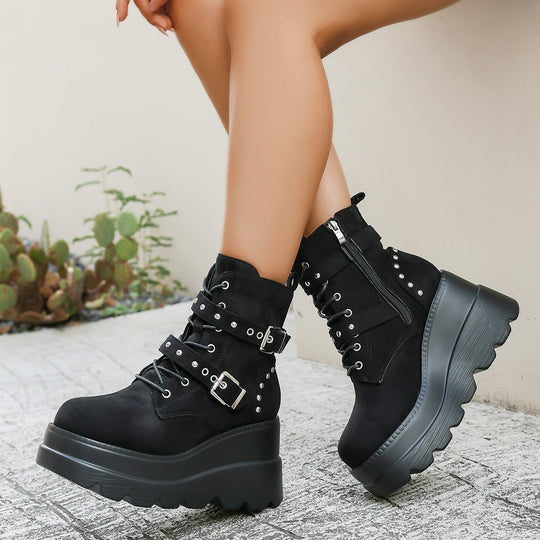 Damen Wedge-Stiefel mit modischen Schnallen und robustem Plateau