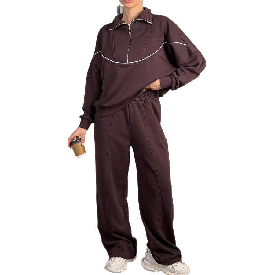 Damen Lockeres Loungewear-Set mit halbhohem Reißverschluss, überschnittenen Schultern und weiter Palazzohose Shop Nory