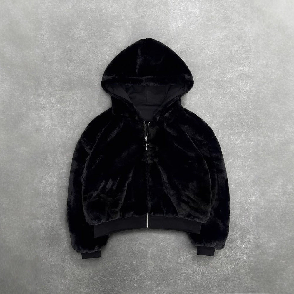 Unisex Kapuzen-Sweatjacke mit Kunstfellfutter, verkürztem Schnitt und Kreuz-Reißverschluss Shop Nory