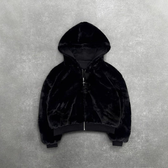 Unisex Kapuzen-Sweatjacke mit Kunstfellfutter, verkürztem Schnitt und Kreuz-Reißverschluss Shop Nory