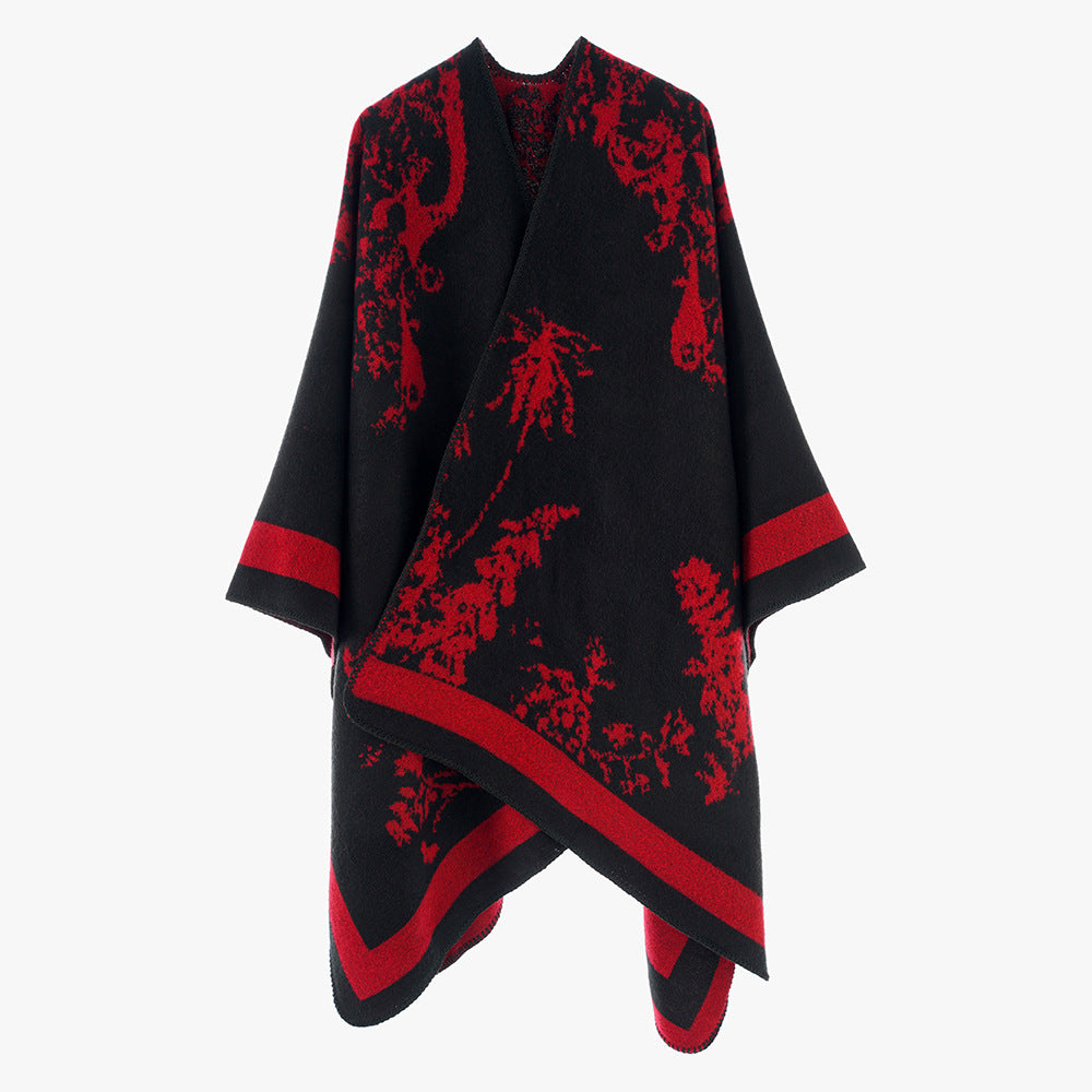 Damen Oversize-Jacquard-Cape aus Wollmix mit abstraktem Blumenmuster Shop Nory