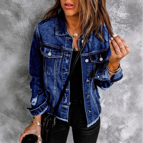 Damen Taillenbetonte Denim-Truckerjacke mit leichtem Destroyed-Effekt und Fransenbund Shop Nory