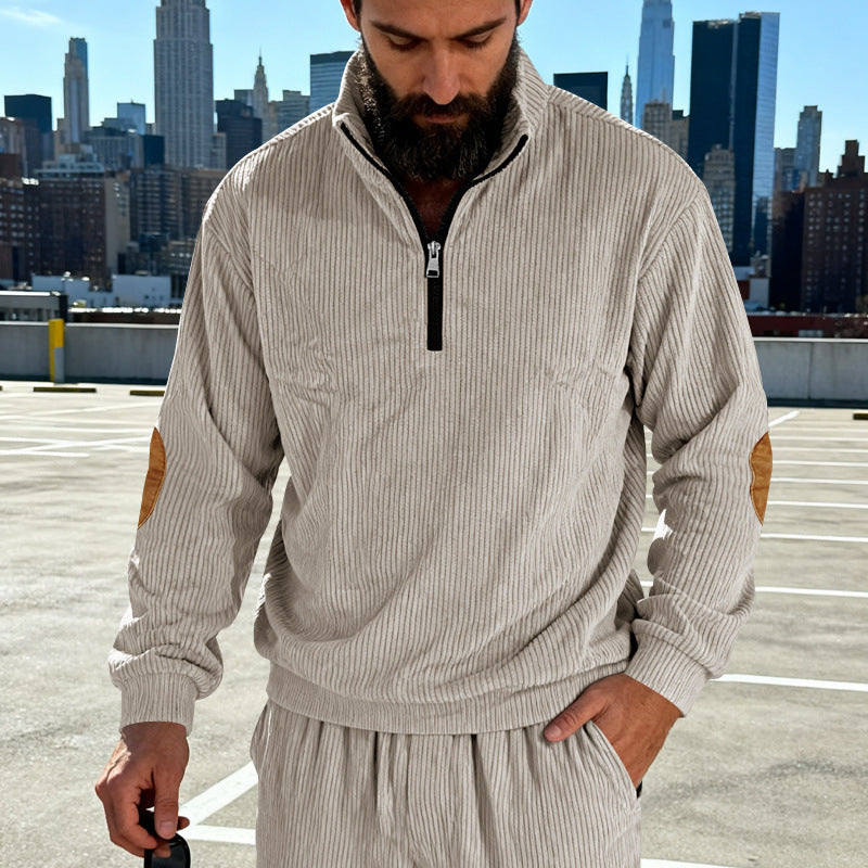 Herren Cord-Struktur-Halbzip-Pullover im Relaxed-Fit mit Stehkragen und Ellbogen-Patch Shop Nory