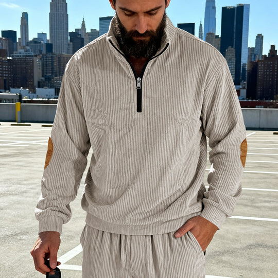 Herren Cord-Struktur-Halbzip-Pullover im Relaxed-Fit mit Stehkragen und Ellbogen-Patch Shop Nory