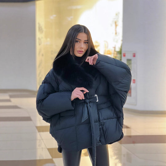 Damen Oversize Steppjacke mit Taillengürtel und Kunstfellkragen Shop Nory