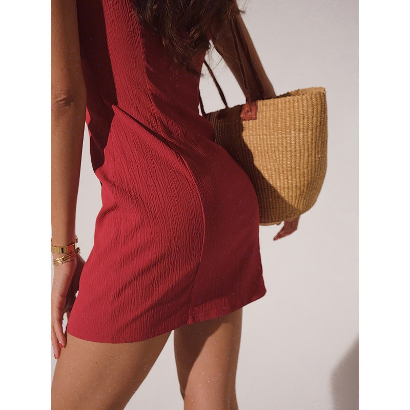 Damen Figurbetontes Minikleid mit elegantem V-Ausschnitt und Rippstruktur